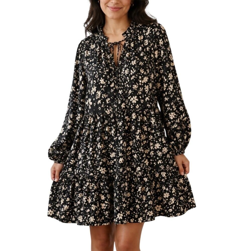 Black White Floral Babydoll Dress XS Balloon Sleeve Cottagecore Who What Wear